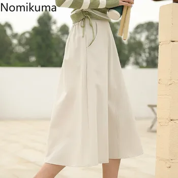 

Nomikuma Elegant Solid Color A Line Skirt Elastic Waist Pocket Side Zipper Mid Calf OL Skirts Women 2020 Spring New Faldas 3a353
