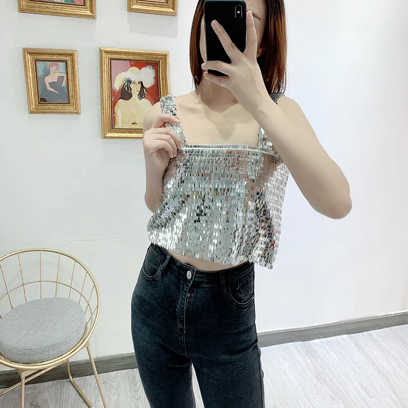 autumn new women's European and American style sequins decorative short loose sling