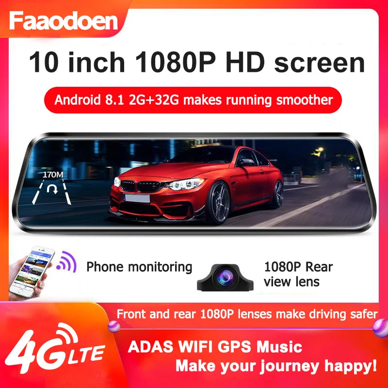 Car Dvr 10 Inch Touch Screen Video Recorder Auto Registrar Stream Mirror With RearView Camera night vision dash cam