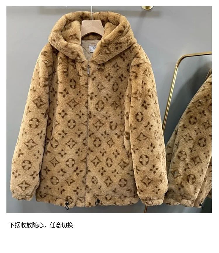2021 autumn and winter windproof warmth printing imitation rabbit fur straw hooded jacket thickened leisure trend | Женская одежда