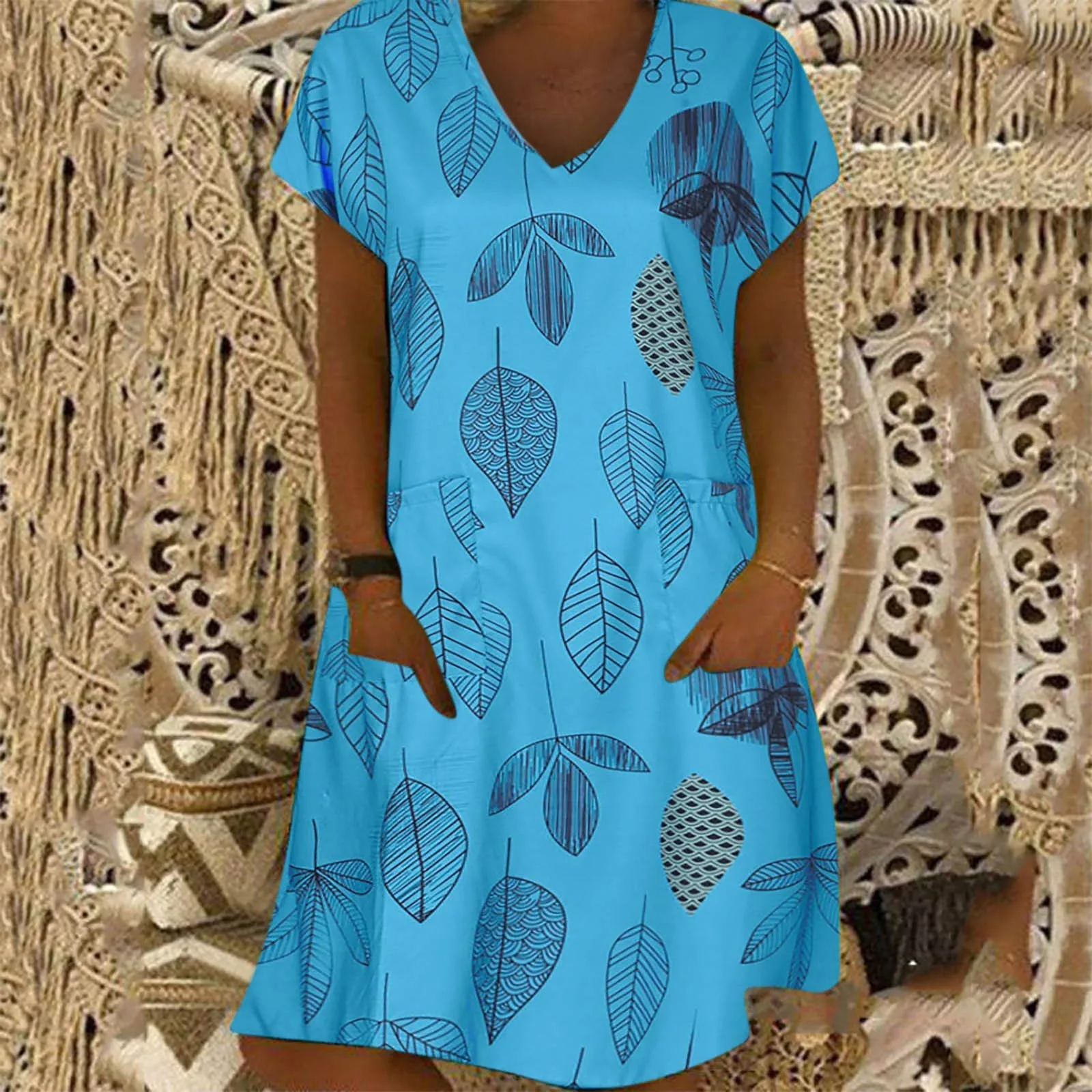 new Floral Print Dress Summer Women Casual Loose Dress Fashion Beach Style Pocket Mini Dress Pocket Dresses Vestido de mujer 2