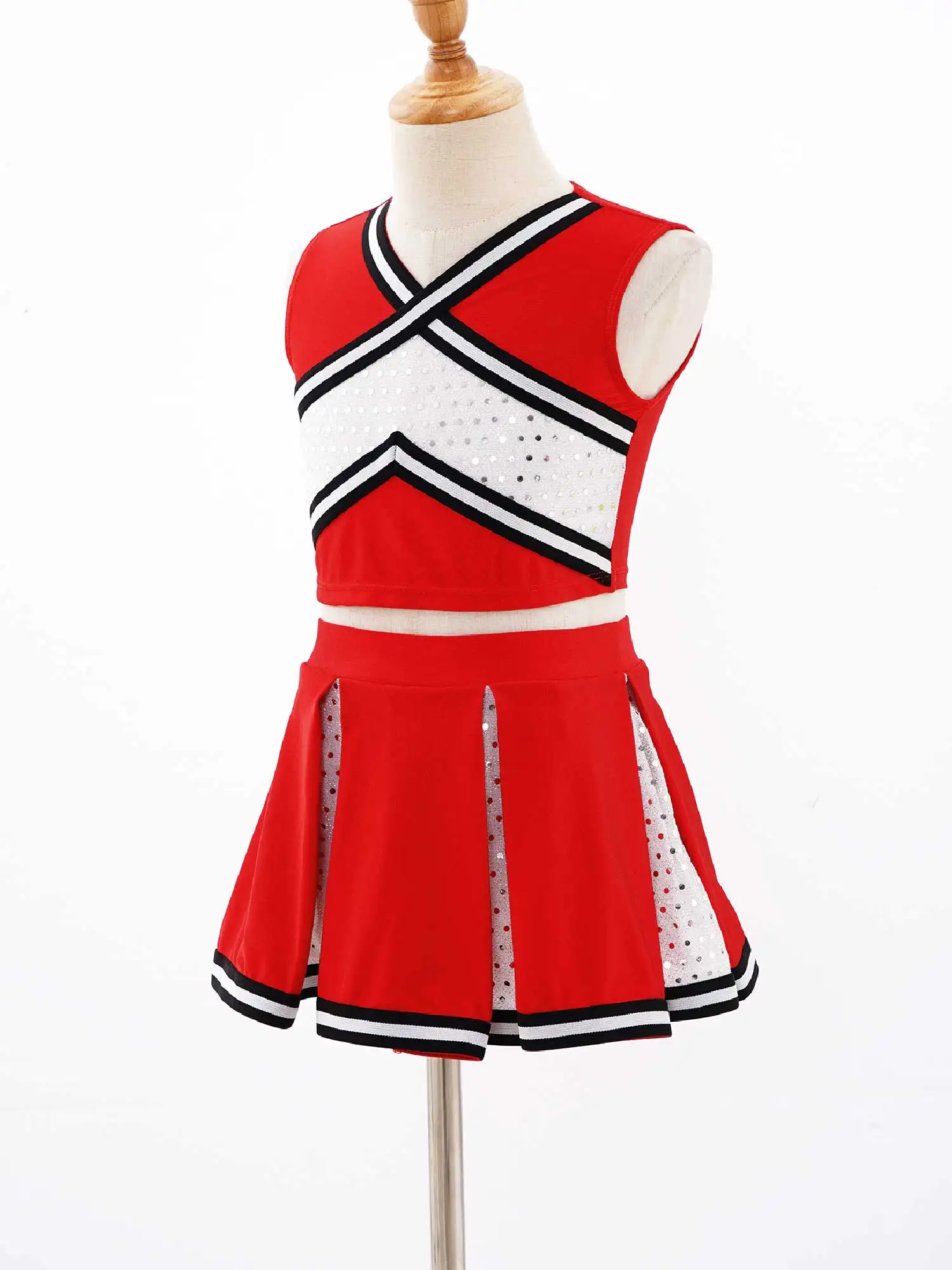 Kids Girls Cheerleading Dance Outfit Sleeveless Crisscross Striped Front V Neckline Top Elastic Waistband Skirt
