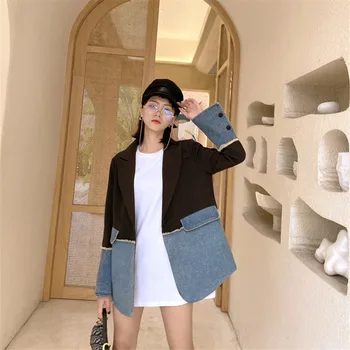 

2020 Spring Plus size Chic Denim Irregular Stitching Raw edges Blazer Women's Aviator Jacket Small Suit Korean Slim Casual Coats