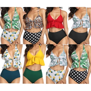 

Vintage Print High Waist Swimwear Swimsuit Women 2020 Summer New Sexy Bikini Push Up Tankini Bathing Suit Yellow Red Trikinis