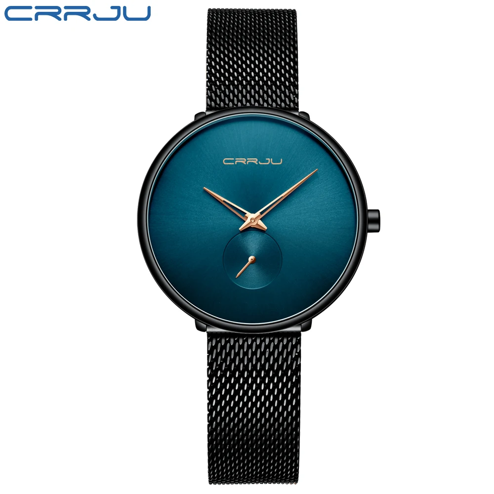 CRRJU Women's Watches Luxury Ladies Watch Fashion Minimalist Waterproof Slim Band Watches for Women Reloj Mujer - Цвет: Black Blue