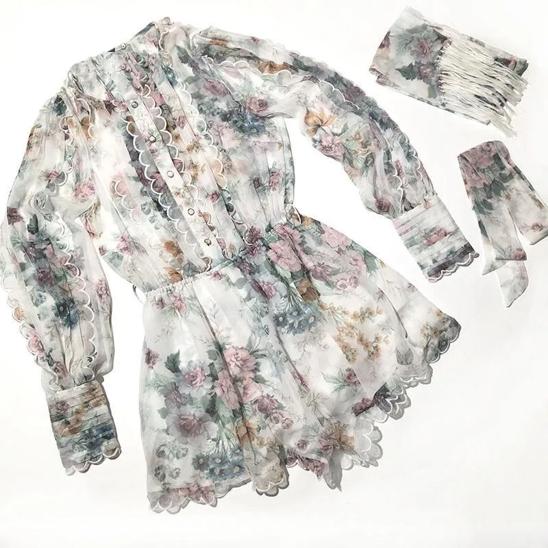 

Romantic Floral 100% Real Silk Playsuit 2020 Spring Summer Top Quality Frilled Ruffles Embroidery Long Sleeve Pleated Overalls