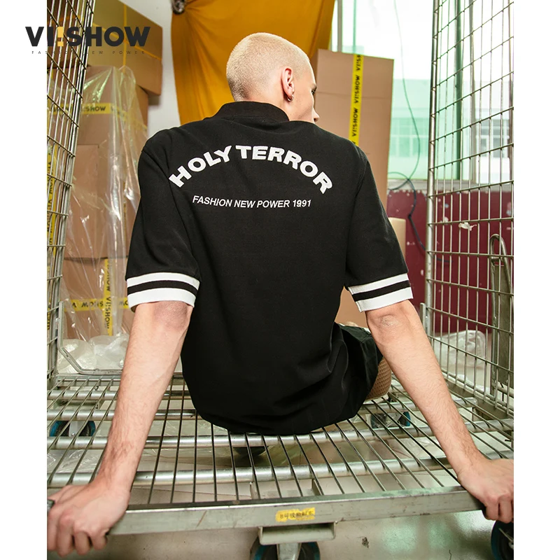VIISHOW, новинка, рубашки поло, Мужская брендовая одежда, модные, с вышивкой черепа, мужские Поло, высокое качество, с принтом, на молнии, черные, PD1397182