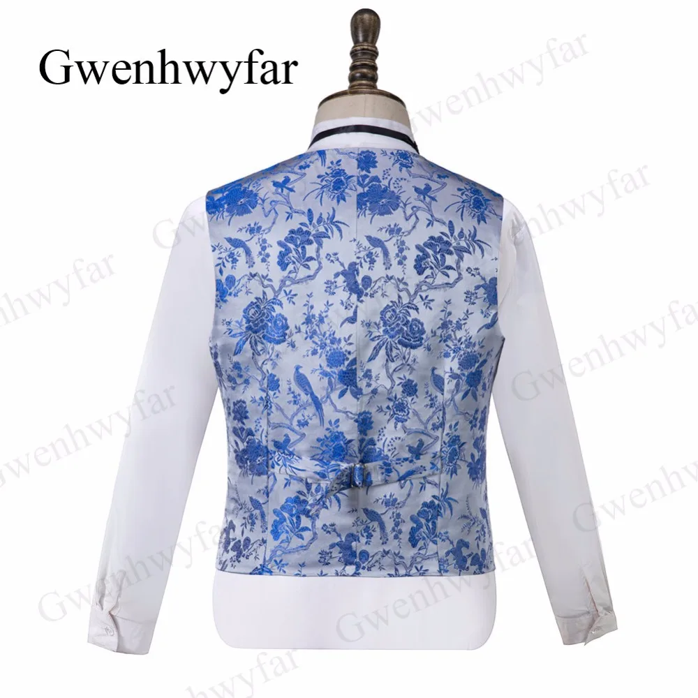 Gwenhwyfar, мужские свадебные костюмы, серебро,, Terno Masculino, мужской костюм, жилет с брюками, 3 штуки, мужские, облегающие, пиковый воротник, синий, Цветочный
