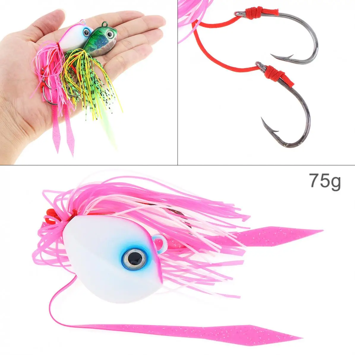 

75g Fishing Jig Lure Silicone Skirts Jig Bait Head with Lifelike Eyes for Sea / Boat Fishing