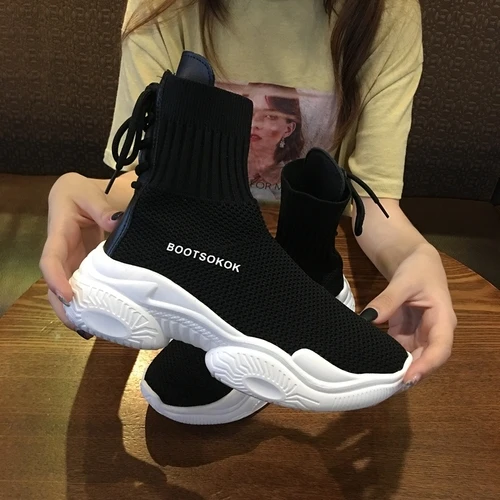 

Ins socks shoes women's 2020 new fall student fly woven mesh face breathable muffin old dad Shoes High Top Sneakers