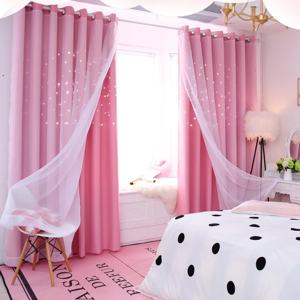 

New Modern Hollow Stars Blackout Curtains Fantasy Princess Style Cloth+Tulle Double Insulating Curtains For Living Room Bedroom