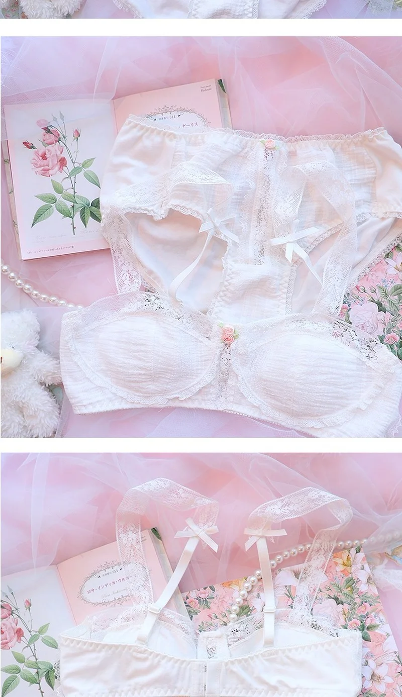 French Bra and Panty Set Retro Lolita Girl Small Bra Underwear Summer Sweet White Lingerie Lace Sexy Wire Free Bra Briefs Set sexy bra and panty