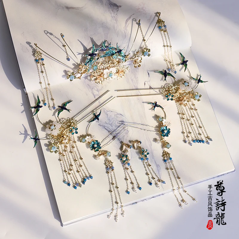Стиль невесты древний костюм головные уборы китайские свадебные волосы феникс корона дворец ретро кисточкой серьги Hanfu аксессуары для волос