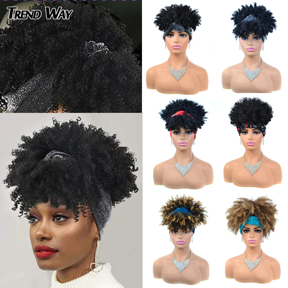 Trendway合成アフロ変態縮毛かつらショートウィッグ前髪とターバンラップのかつらアフロパフヘッドバンドのかつら黒人女性ファッション 合成なしのレースのかつら Aliexpress