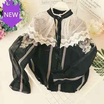 

Lace-up Collar Long Sleeve Stitching Blouse Shirts Female Loose Hook Suit Spring New Ladies Fashion Chiffon Lace Stitching