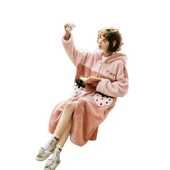 

New flannel long sleeve thickened loose robe bathrobe Pajama women's autumn winter coral wool long home wear pijama mujer