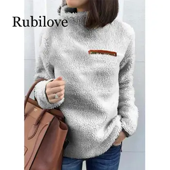 

Rubilove Women Sweatshirts Autumn Winter Top Long Sleeve Plush Warm Pullover Tunic Female Ladies Clothing Zipper Streetwear