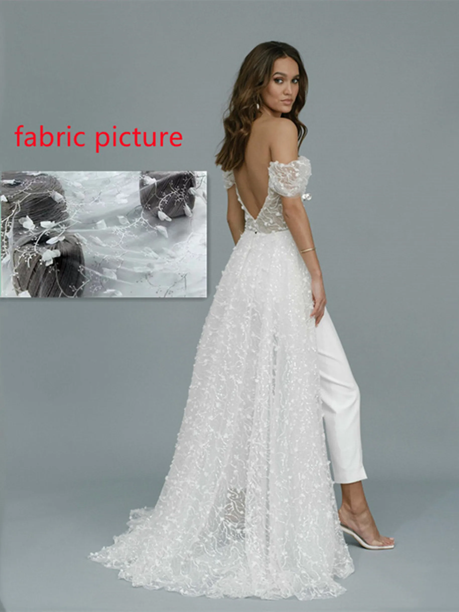 Wedding Jumpsuit with Long Train Lace 3D Custom Made  Appliqued Sequins Bridal Pants Suit Off the Shoulder Vestidos De Novia long sleeve bridal gowns