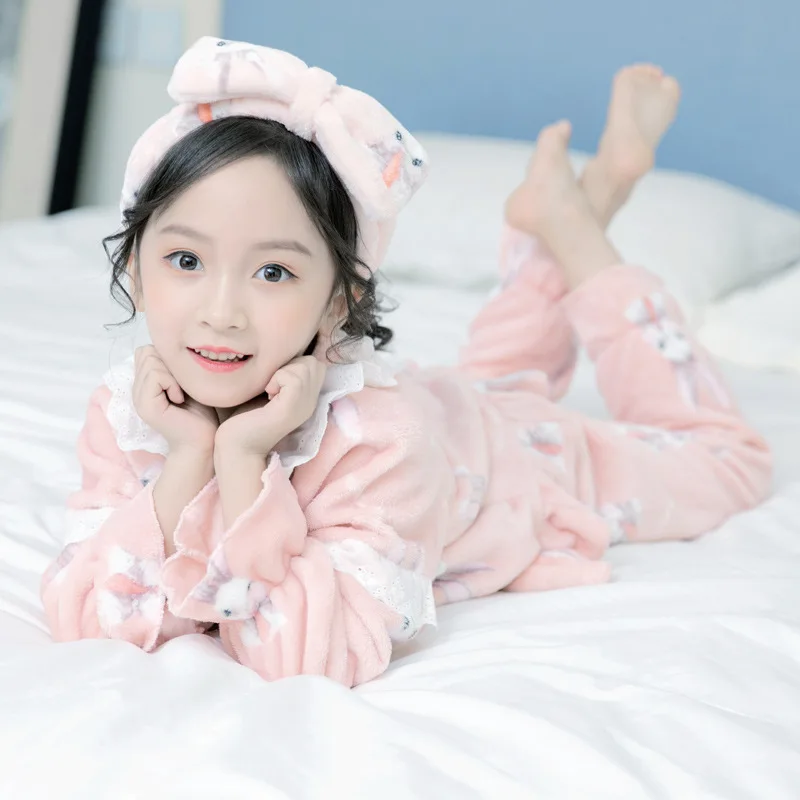Домашняя одежда для девочек на осень и зиму, новинка года, Корейская версия детских пижам для крупных детей фланелевые пижамы с кружевом в виде кролика, размеры от 4 до 12 лет