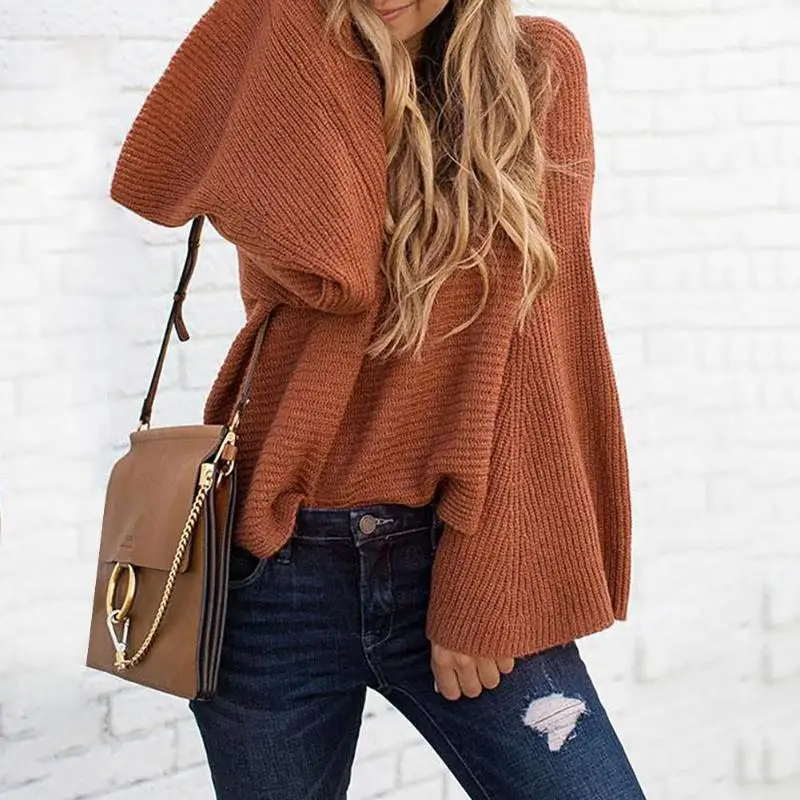 Womens Sweaters 2019 Winter Tops Casual Fashion Sweater Women Solid O Neck Knitted Sweater Pullover Loose Bat Sleeve Knitwear