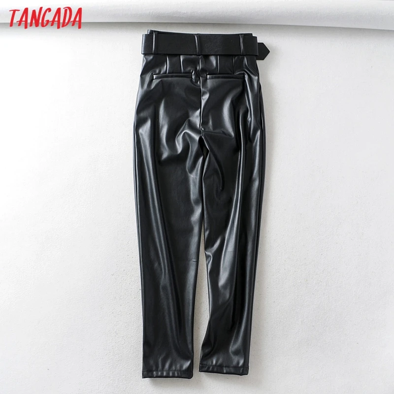 Tangada женский черный костюм из искусственной кожи брюки с высокой талией брюки с поясом и карманами женские офисные брюки из искусственной кожи 6A05