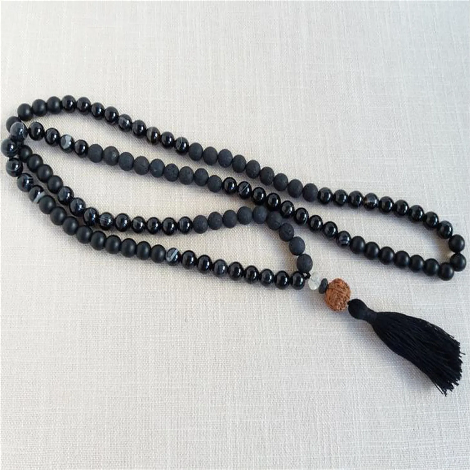 

6 mm black agate volcanic stone tassel 108 beads Mala necklace Cuff Bless Buddhism Elegant Handmade Chic Classic Reiki