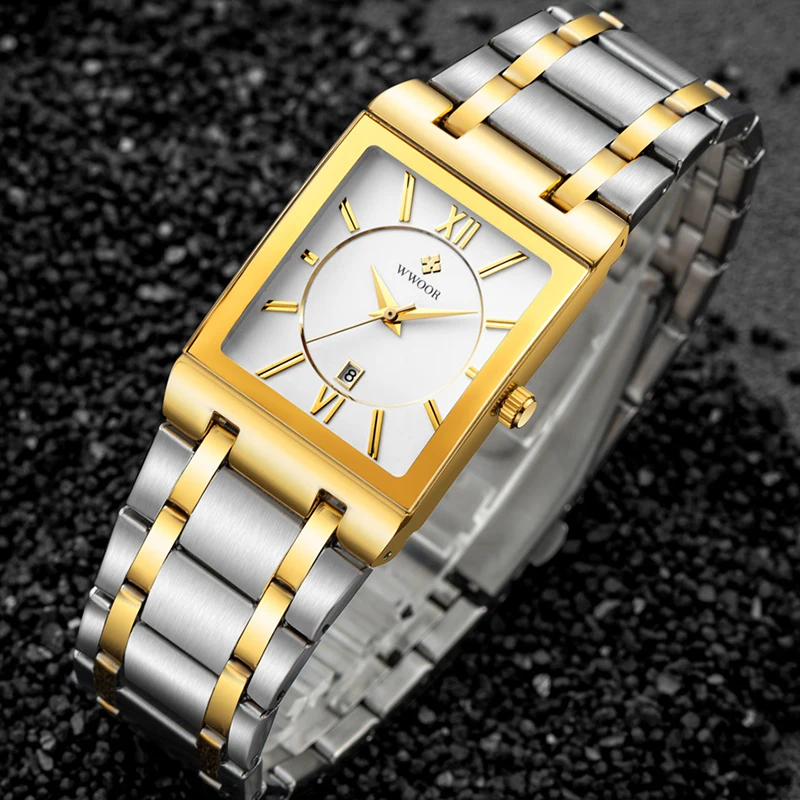 

2020 New WWOOR Design Square Watches Men Business Sports Quartz Wrist Watches For Men Gold Stainless Steel Waterproof Date Clock