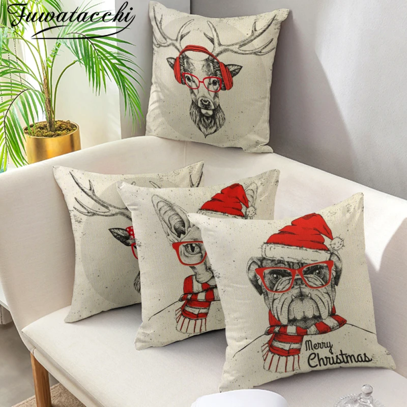 

Fuwatacchi Christmas Animals Cushion Cover Linen Throw Pillow Covers for Couch Car Home Decor Pillowcases 45x45cm Funda Cojines