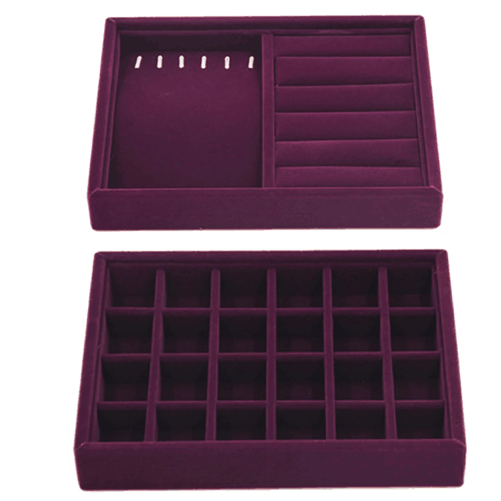 

2Piece Elegant Velvet Stackable Jewelry Display Tray Case for Rings Necklace