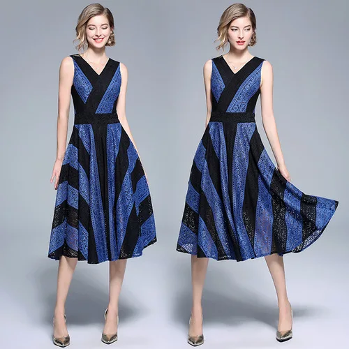 

2018 Summer New Style WOMEN'S Dress Sexy V-neck Lace Joint Elegant Sleeveless Contrast Color Striped Dress