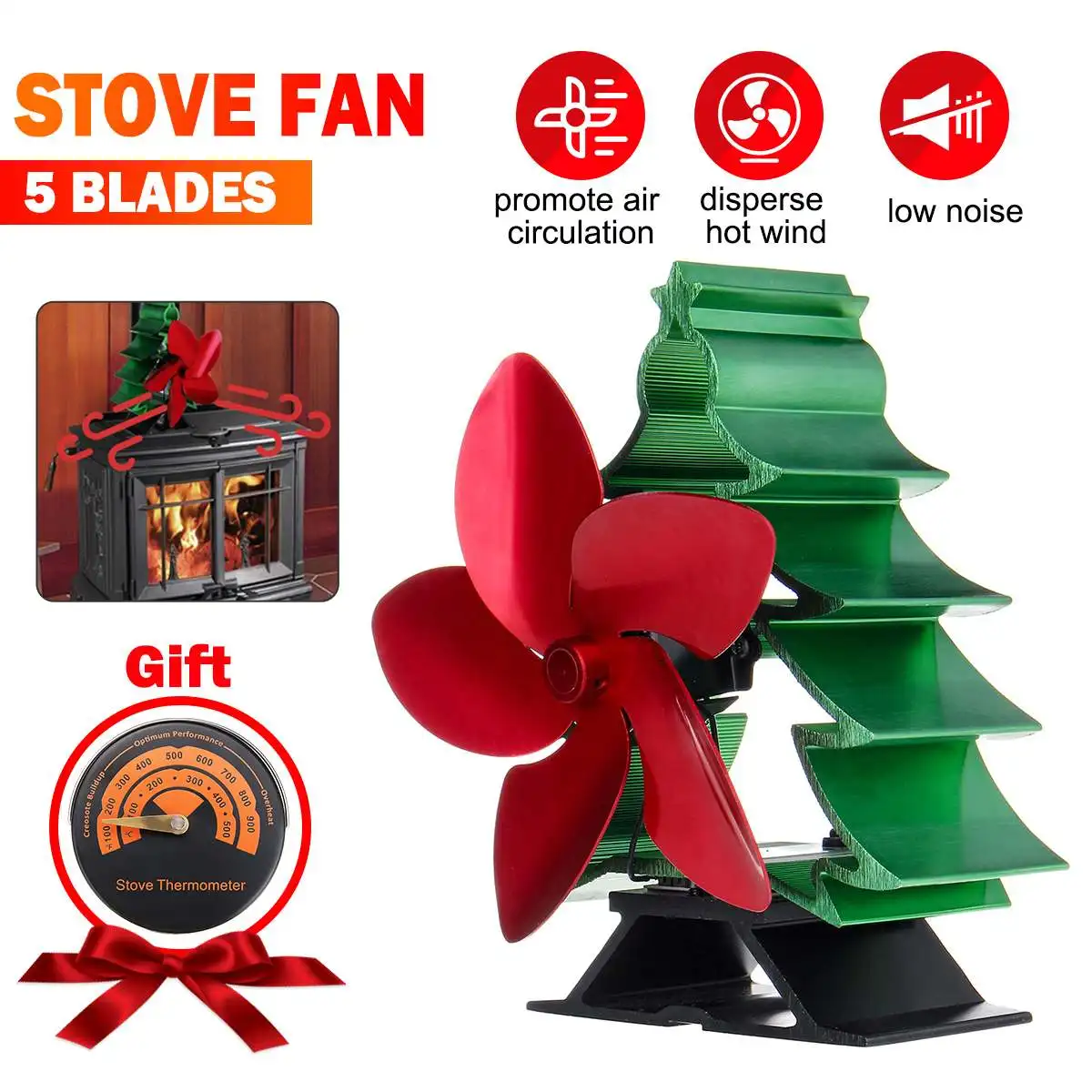 

5 Blades Christmas Tree Shape Stove Fan Heat Powered Wood Burner Fireplace Fan Eco Friendly Quiet Fan Heat Distribution + Gift