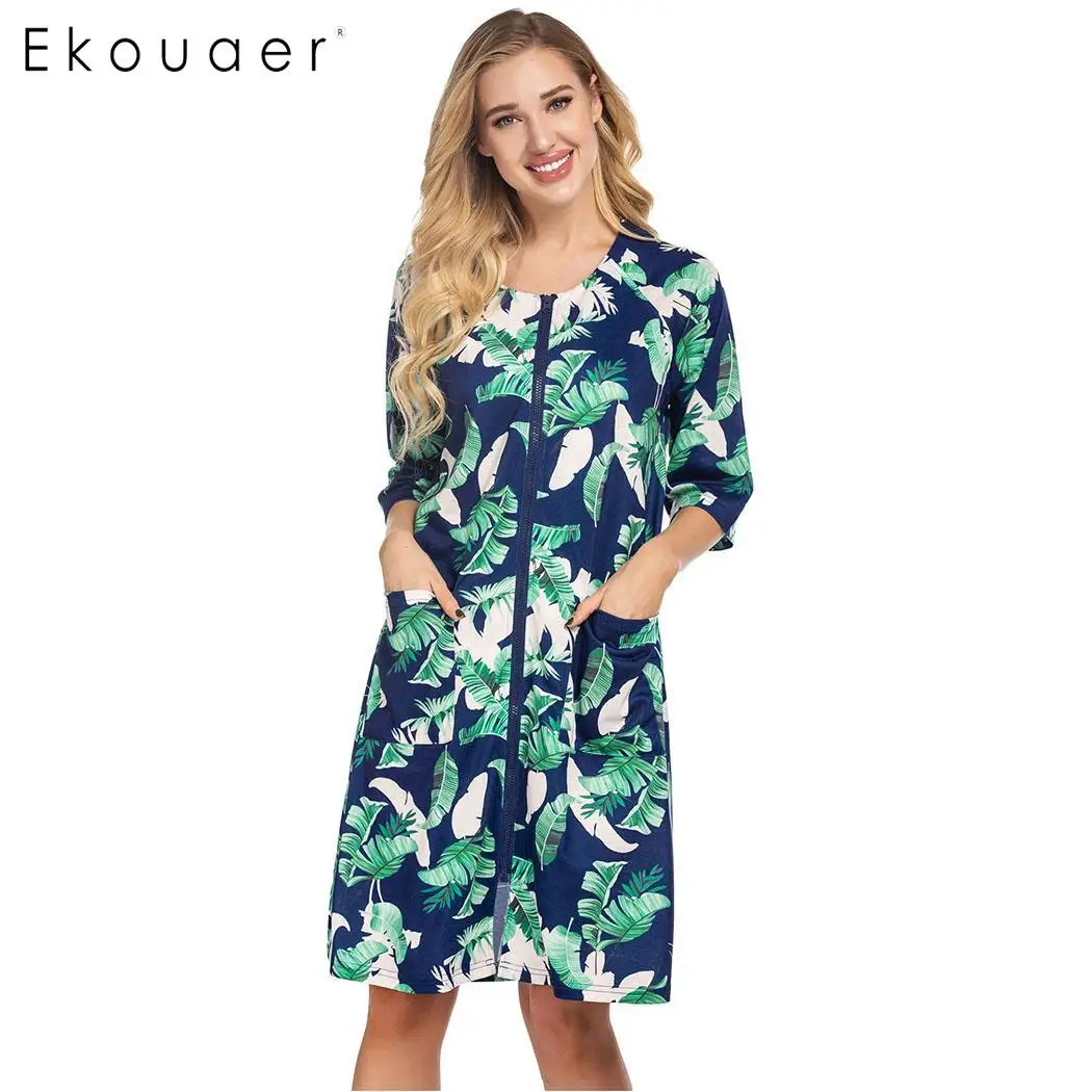 Ekouaer Women Floral Summer Robe Casual V Neck Raglan 3/4 Sleeve
