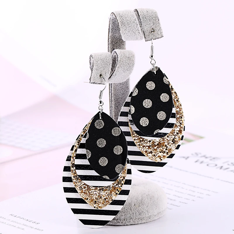 4 слоя искусственная кожа блеск полоса печати каплевидные флаг США кожа серьги легкий лист Мода