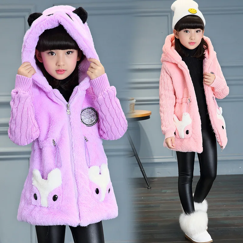 

2019 Winter Girls Faux Fox Fur Coat With Hood 3 Colors Girl Thickening Warm Jackets Cute Baby Girl Outerwear 4-13 years
