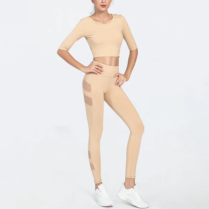 Yoga Set Women Seamless Fitness Sports Suits Five-point sleeve Fashion Shirts High Waist Leggings Mesh splicing Yoga Clothing
