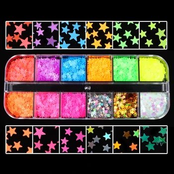 

12 Grid/Case Fluorescence Star Sequins Neon Nail Art Glitter Slices Flakes Polish 3D Decorations Manicure DIY Nail Accessoires