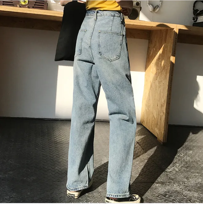 Элегантные корейские джинсы с высокой талией, женские уличные повседневные свободные отбеленные винтажные женские джинсы размера плюс, широкие брюки, джинсы fw347