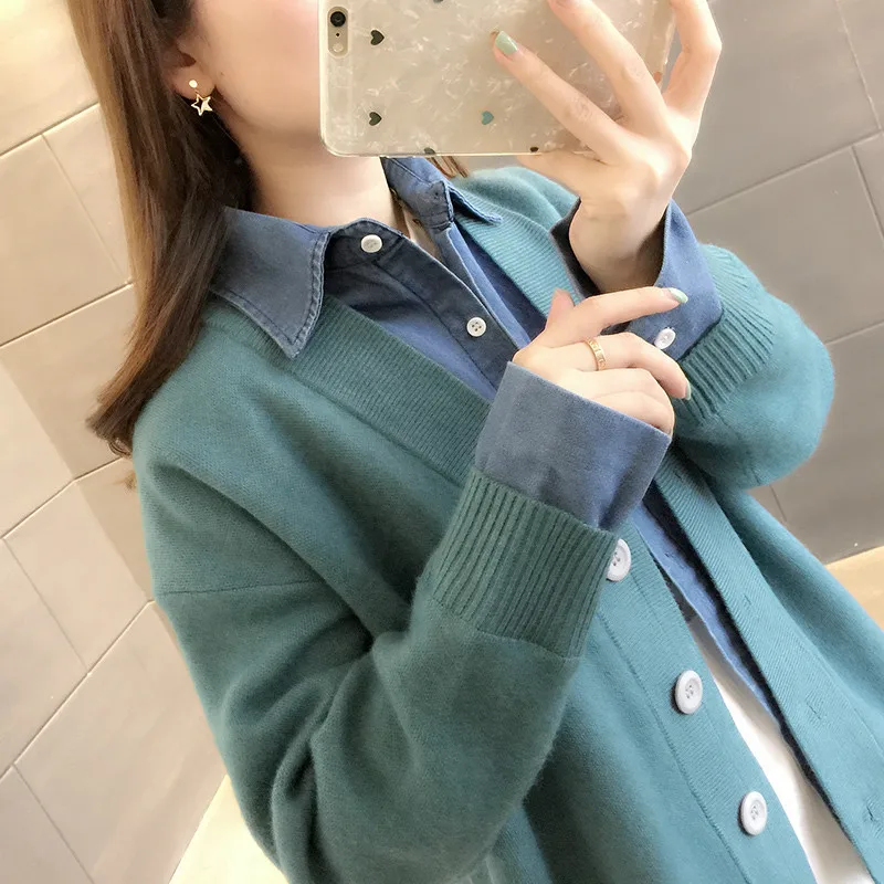 lake blue cardigan Woherb свитер женский однотонный кардиган с длинными рукавами Топ Джинсовая блузка Лоскутная поддельная двухсекционная вязаная женская Корейская Новинка 90981 - Цвет: lake blue cardigan
