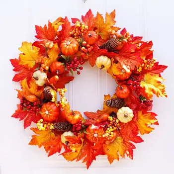 

Halloween Thanksgiving Door Hanging Wreath Garland Artificial Maple Leaves Pumpkins Berries Pine Cones Simulation Weeding Harves