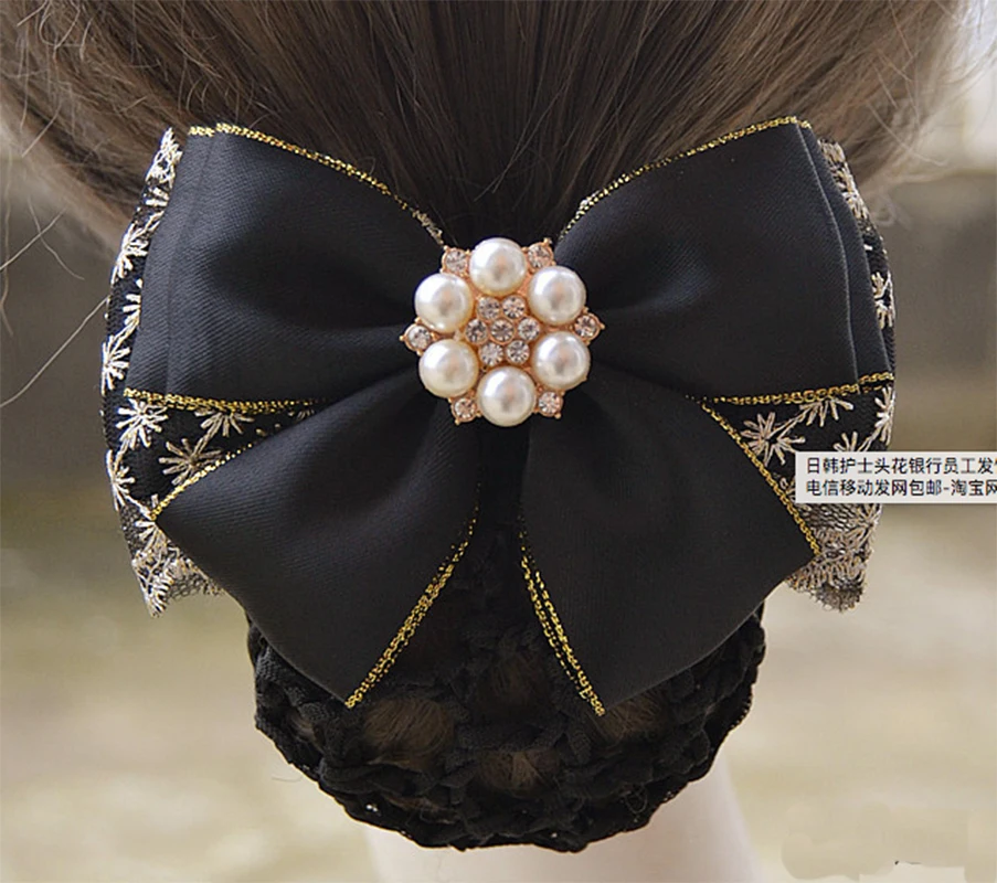 Fashion Handmade Office Lady Bow Tie Barrette Hair Clip Cover Bowknot Net Bun Snood Hair Accestory