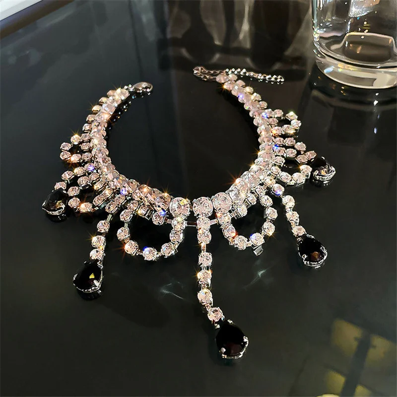 FYUAN Black Water Drop Crystal Choker Necklaces for Women Long Tassel Rhinestones Statement Jewelry | Украшения и аксессуары