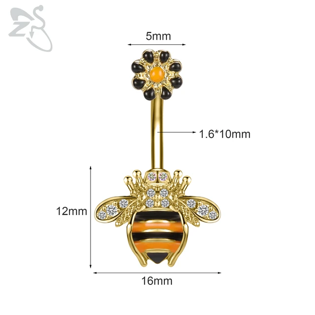 ZS 1 Piece Gold Color Stainless Steel Belly Ring Flower Heart CZ Crystal Navel Belly Button Rings Butterfly Navel Piercings 14G Style 13