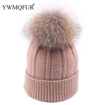 

Winter Women Knitted Skullies Hat Female Beanie Cap With Real Raccoon Fur Pompom Luxury Thick Warm Outdoor Gorro Ski Girl Hats