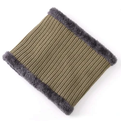 Cozy Fur-Lined Winter Beanie Cap with Brim - Unisex Knitted Hat - 54cm-62cm (Scarf Khaki)