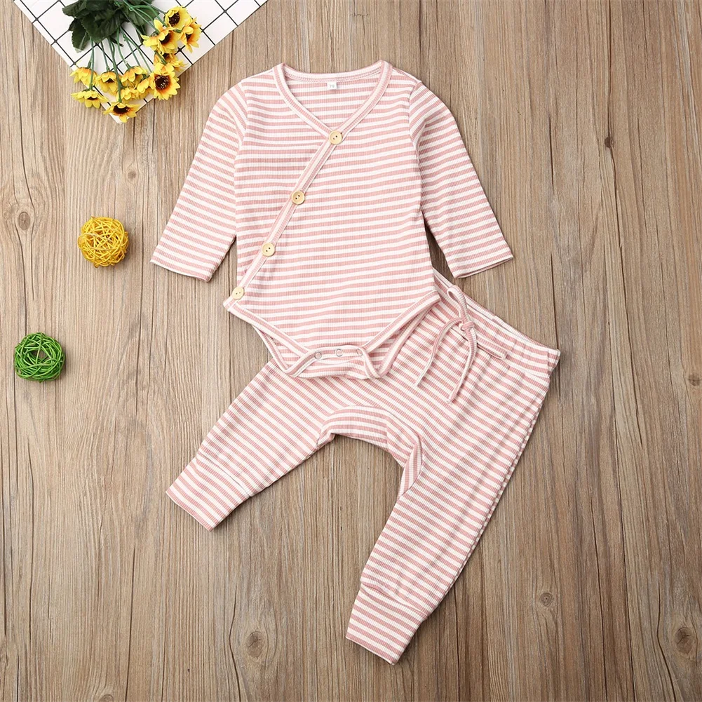 Autumn Clothes 2PCS Newborn Baby Girl Boy Clothes Knitted Striped Romper V Neck Button Jumpsuit Trouser Outfit Baby Set 0-18M
