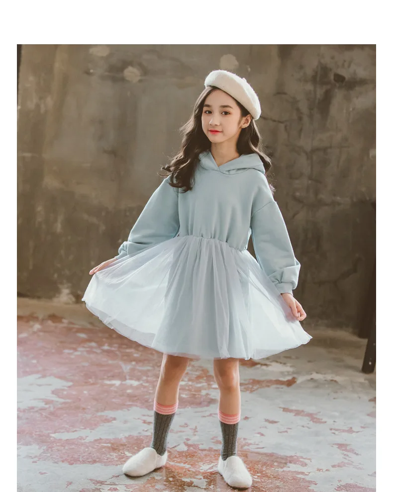 2020 Spring Autumn Big Girls Cute Pink Rabbit Ears Hooded Sweater Dresses Children Cotton Mesh Dress Blue Size 6 8 9 10 11 12 13 (16)