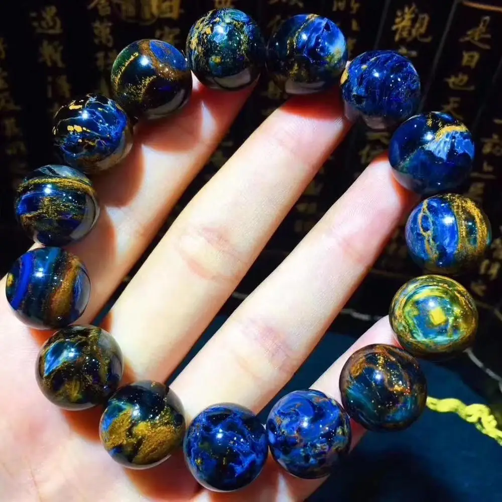 

15.7mm Certificate Natural Blue Yellow Pietersite Women Men Bracelet Crystal Round Beads Chatoyant Cat Eye From Namibia AAAAA