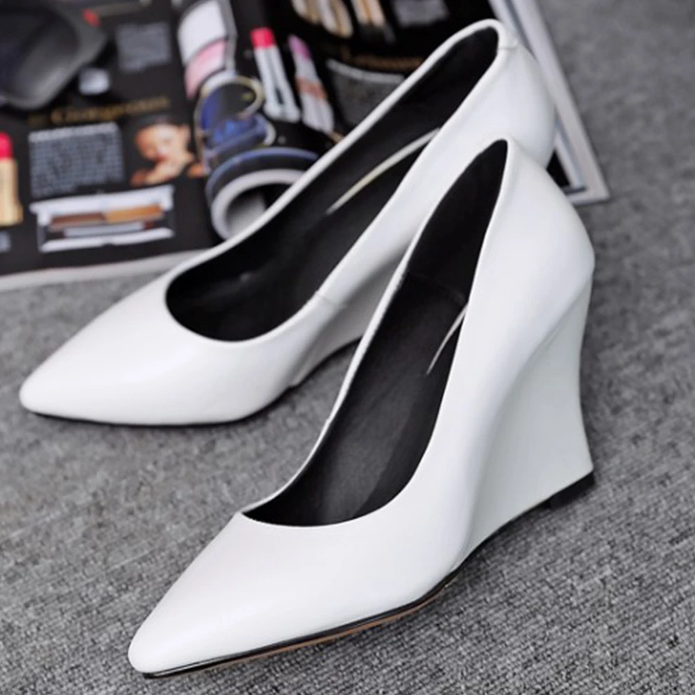 

RIBETRINI Female Spring Office Elegant High Wedges Shoes Woman Concise Solid Shallow Pumps Women Ol Pointed Toe Pumps