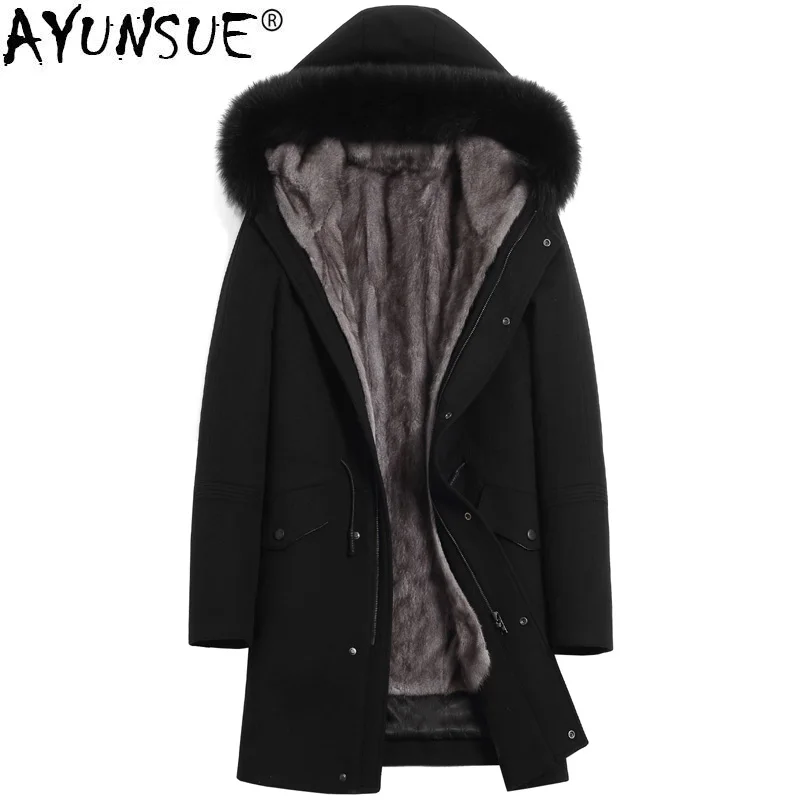 

AYUNSUE Mens Mink Coat Winter Jacket Men Long Parka Real Fur Coat Natural Mink Fur Liner Warm Parkas Fox Fur Collar -9817060-