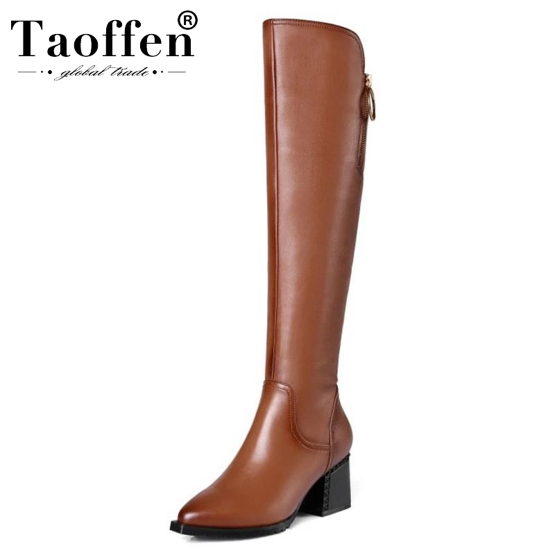 Taoffen/женские сапоги до колена; обувь из натуральной кожи; женские зимние теплые сапоги на толстом высоком каблуке; пикантная меховая обувь на молнии; размеры 34-42